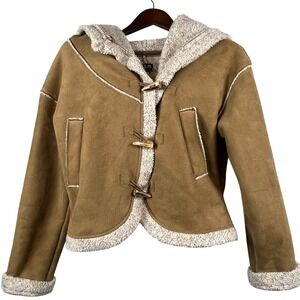 Dex Fresh Womens L Tan Faux Suede Leather Sherpa Lined Toggle Jacket Hooded Cozy